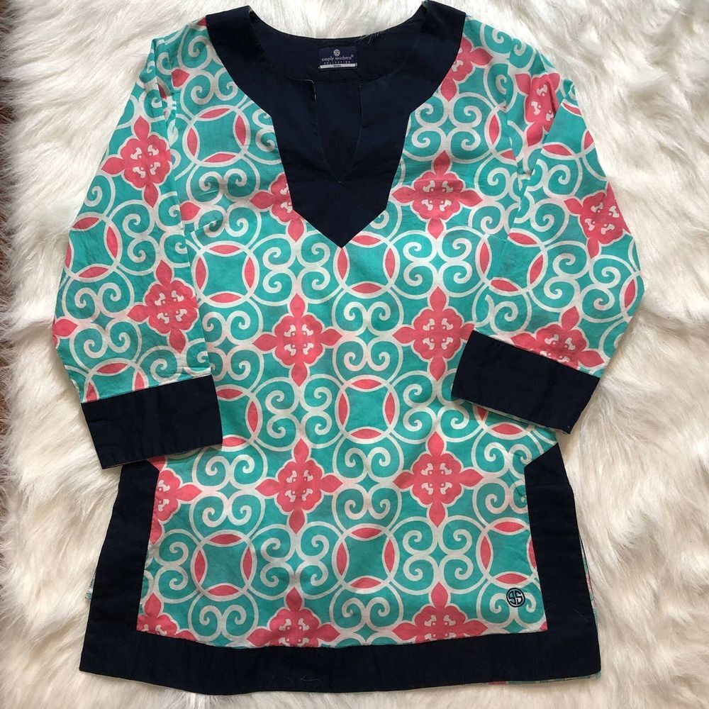 Women's Size S‎ Simply Southern Teal and Pink Print Tunic Navy Trim